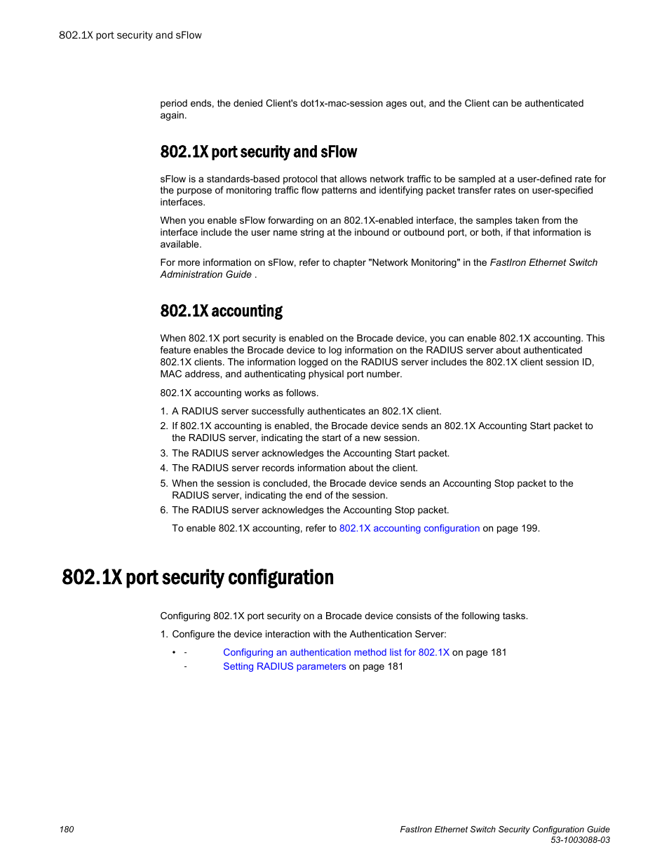 1x port security and sflow, 1x accounting, 1x port security configuration | 1x port security and sflow 802.1x accounting | Brocade FastIron Ethernet Switch Security Configuration Guide User Manual | Page 180 / 396