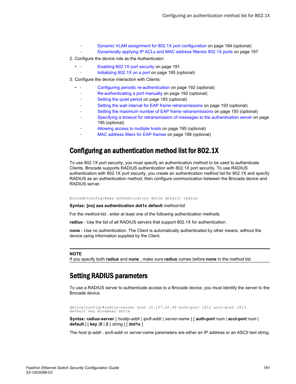 Setting radius parameters | Brocade FastIron Ethernet Switch Security Configuration Guide User Manual | Page 181 / 396