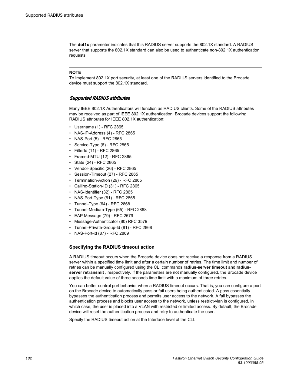 Supported radius attributes | Brocade FastIron Ethernet Switch Security Configuration Guide User Manual | Page 182 / 396