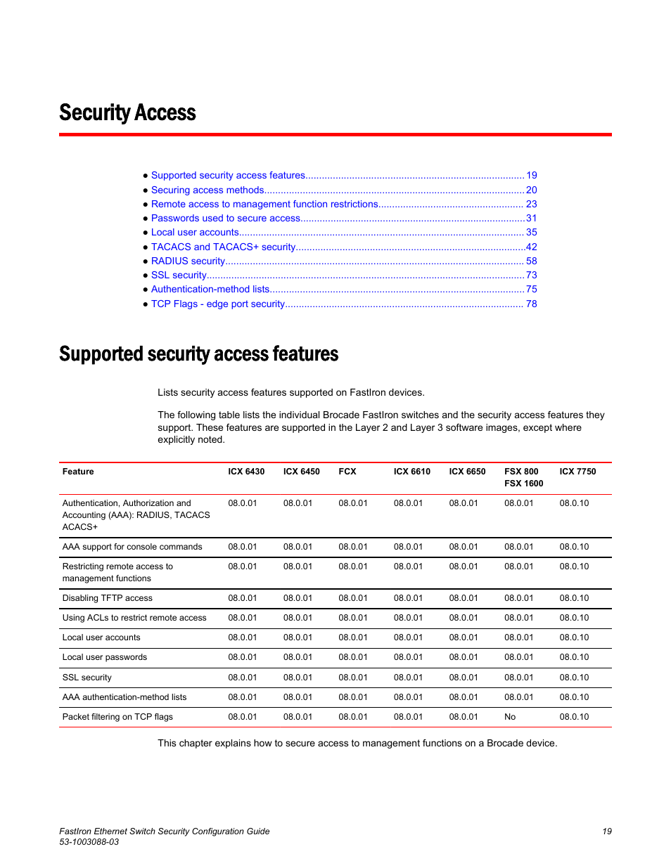 Security access, Supported security access features | Brocade FastIron Ethernet Switch Security Configuration Guide User Manual | Page 19 / 396