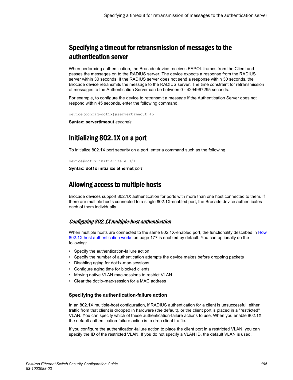 Initializing 802.1x on a port, Allowing access to multiple hosts, Configuring 802.1x multiple-host authentication | Authentication server | Brocade FastIron Ethernet Switch Security Configuration Guide User Manual | Page 195 / 396