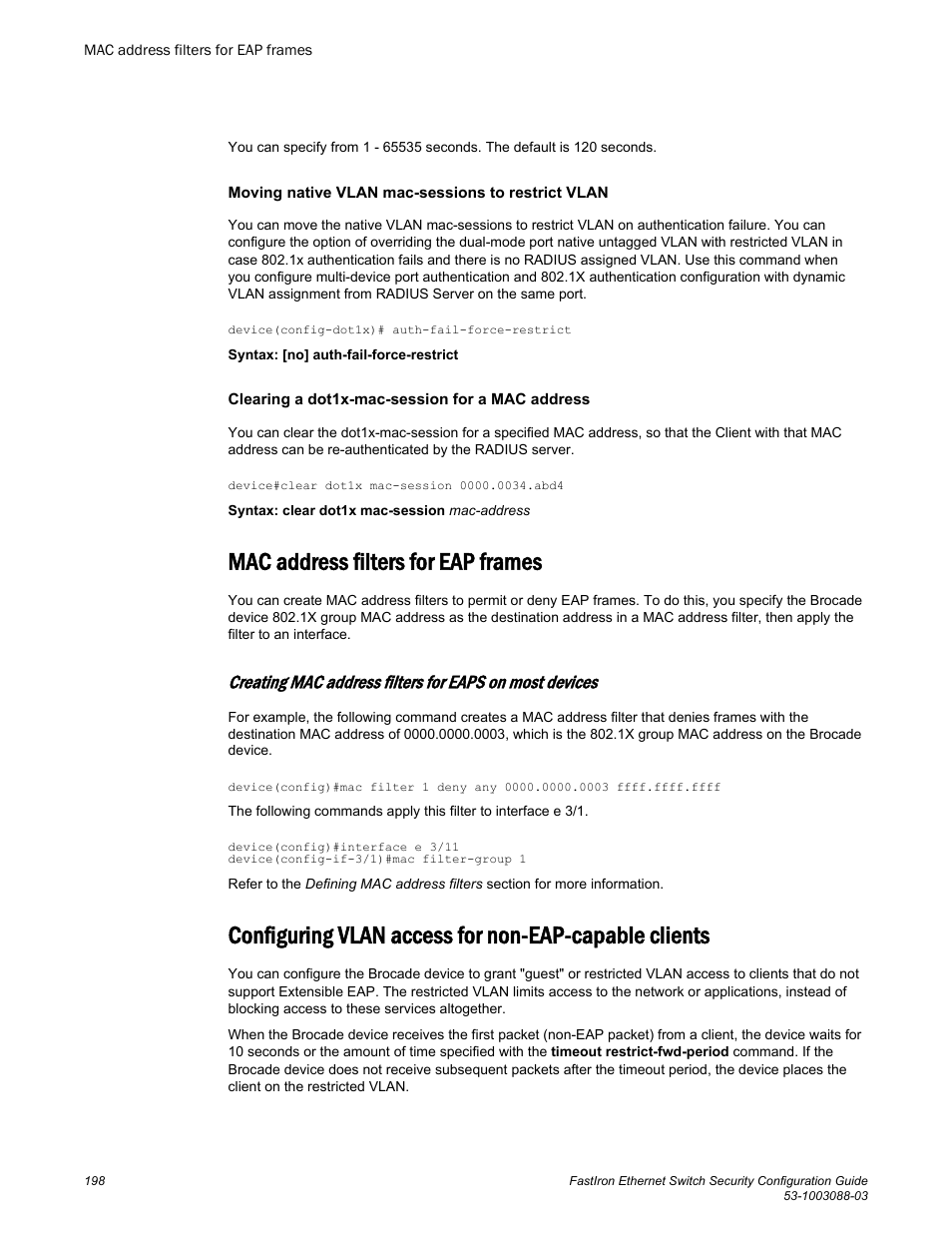 Mac address filters for eap frames | Brocade FastIron Ethernet Switch Security Configuration Guide User Manual | Page 198 / 396