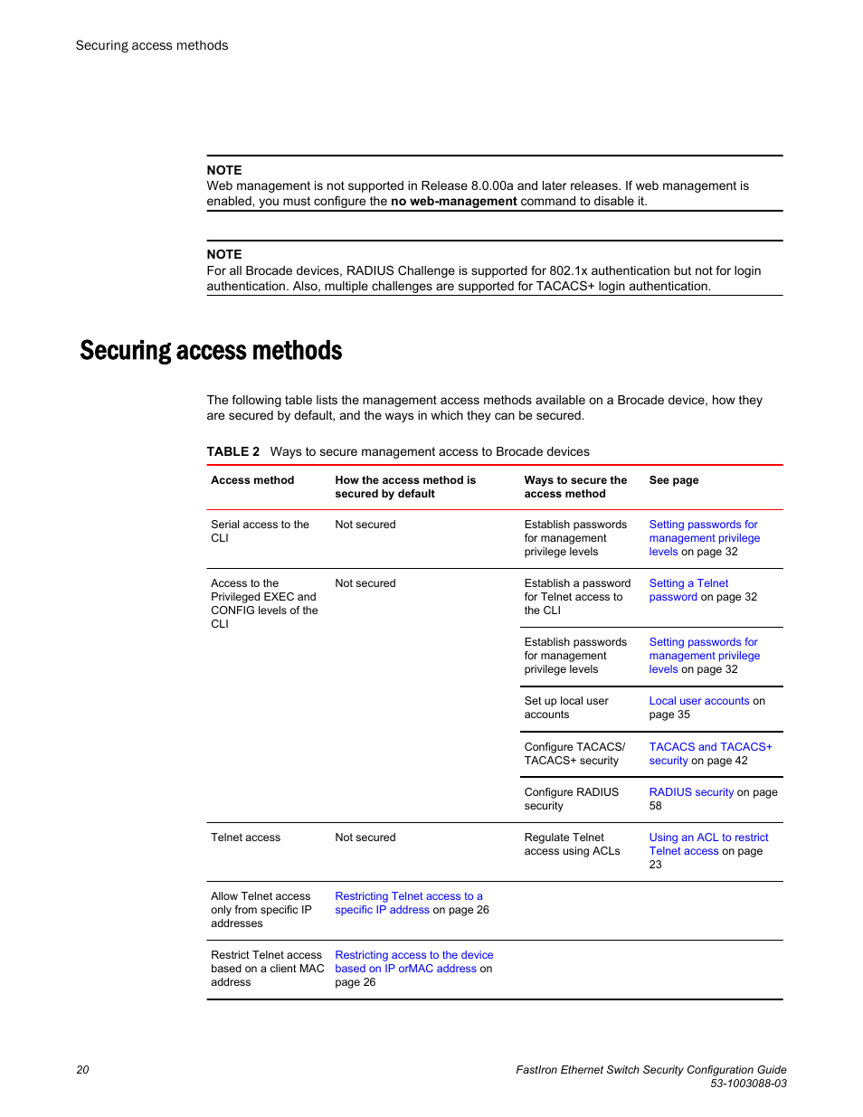 Securing access methods | Brocade FastIron Ethernet Switch Security Configuration Guide User Manual | Page 20 / 396