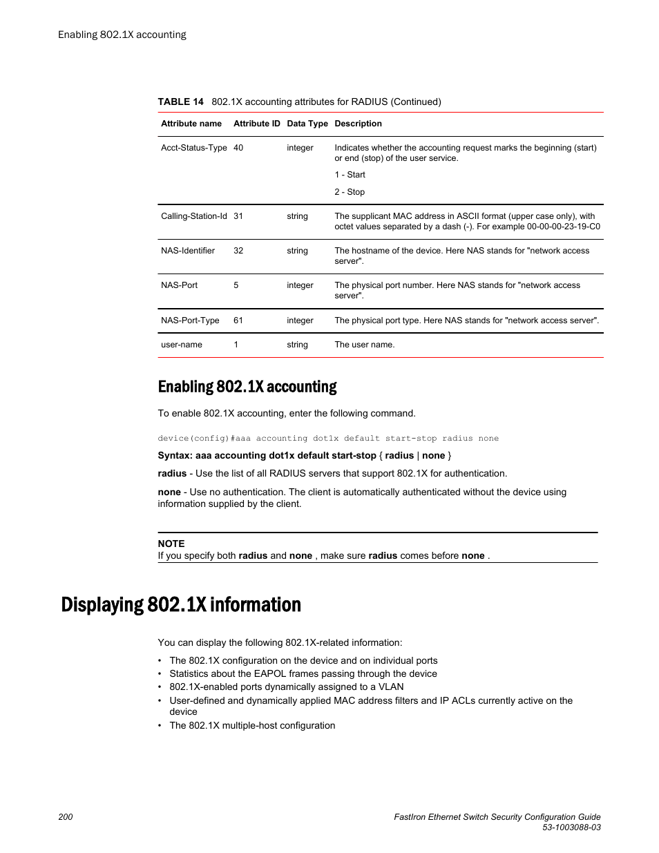 Enabling 802.1x accounting, Displaying 802.1x information | Brocade FastIron Ethernet Switch Security Configuration Guide User Manual | Page 200 / 396