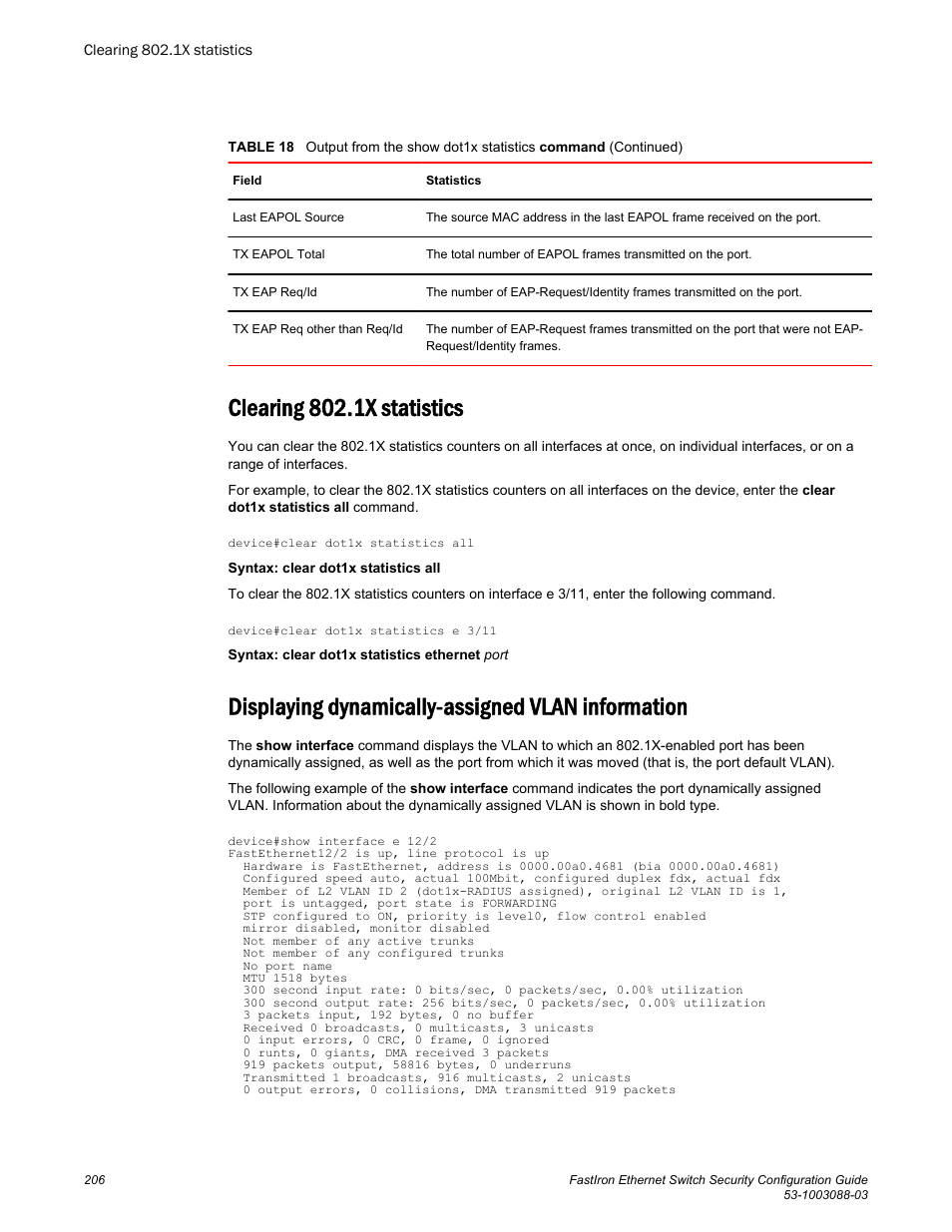 Clearing 802.1x statistics, Displaying dynamically-assigned vlan information | Brocade FastIron Ethernet Switch Security Configuration Guide User Manual | Page 206 / 396