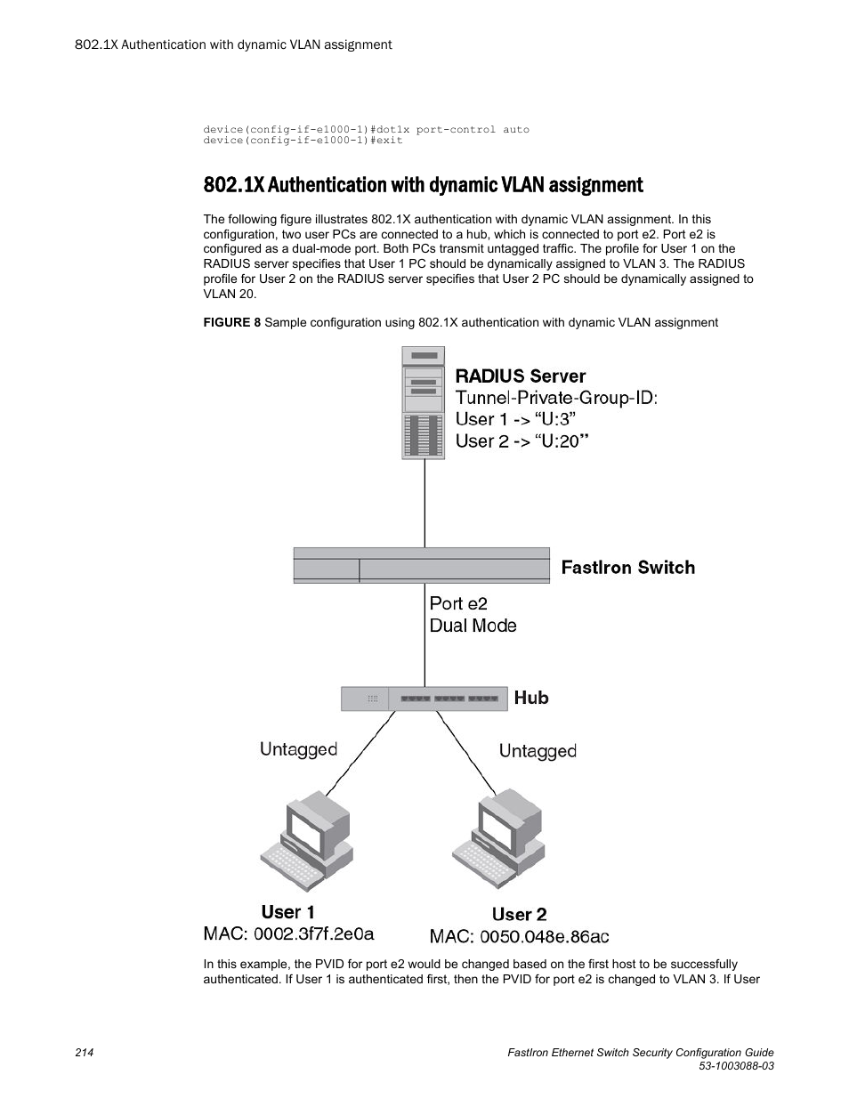 1x authentication with dynamic vlan assignment | Brocade FastIron Ethernet Switch Security Configuration Guide User Manual | Page 214 / 396