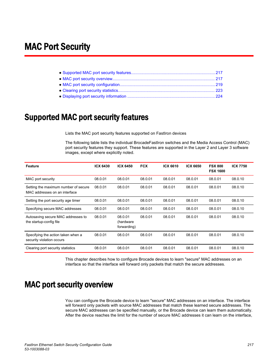 Mac port security, Supported mac port security features, Mac port security overview | Brocade FastIron Ethernet Switch Security Configuration Guide User Manual | Page 217 / 396