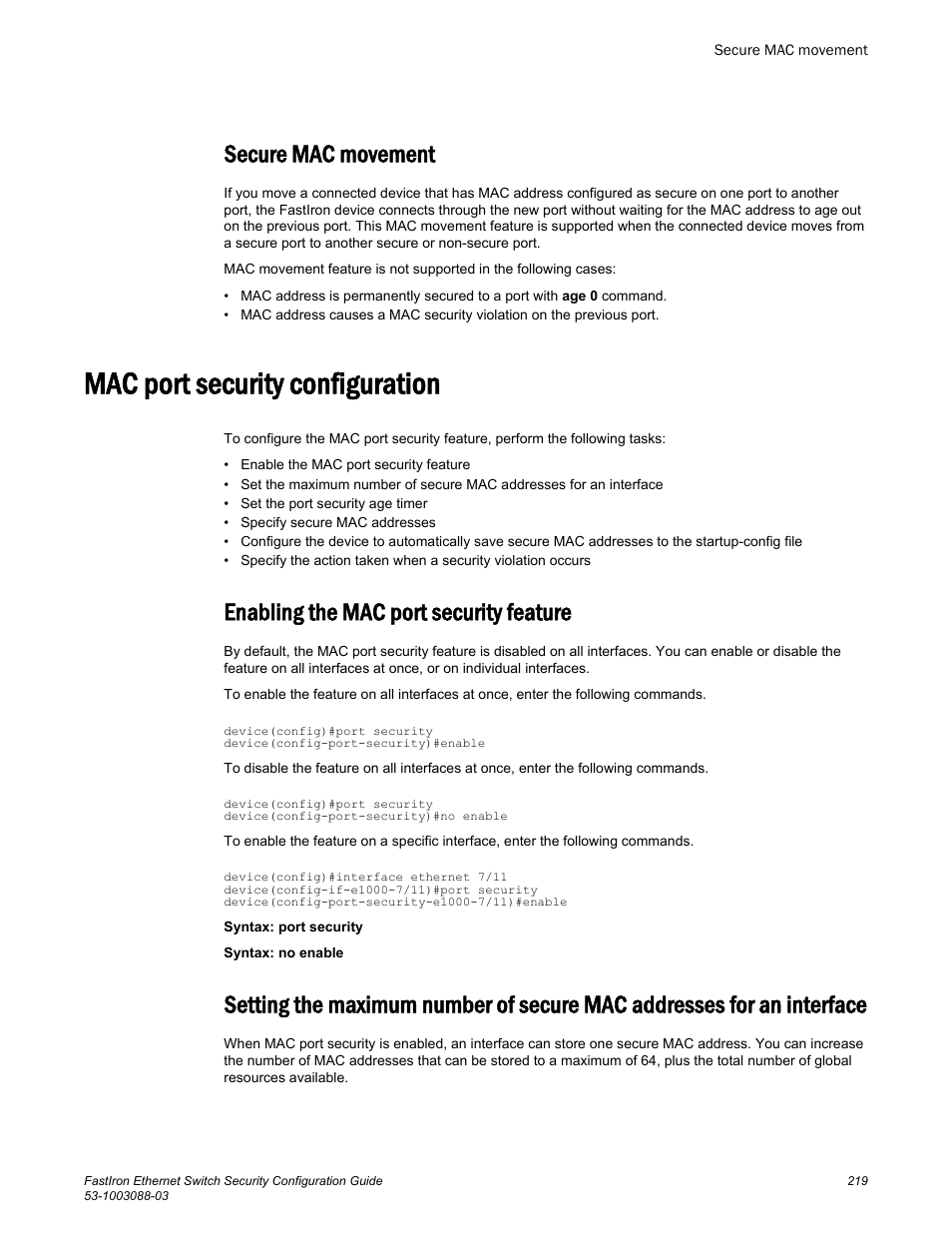 Secure mac movement, Mac port security configuration, Enabling the mac port security feature | Interface | Brocade FastIron Ethernet Switch Security Configuration Guide User Manual | Page 219 / 396
