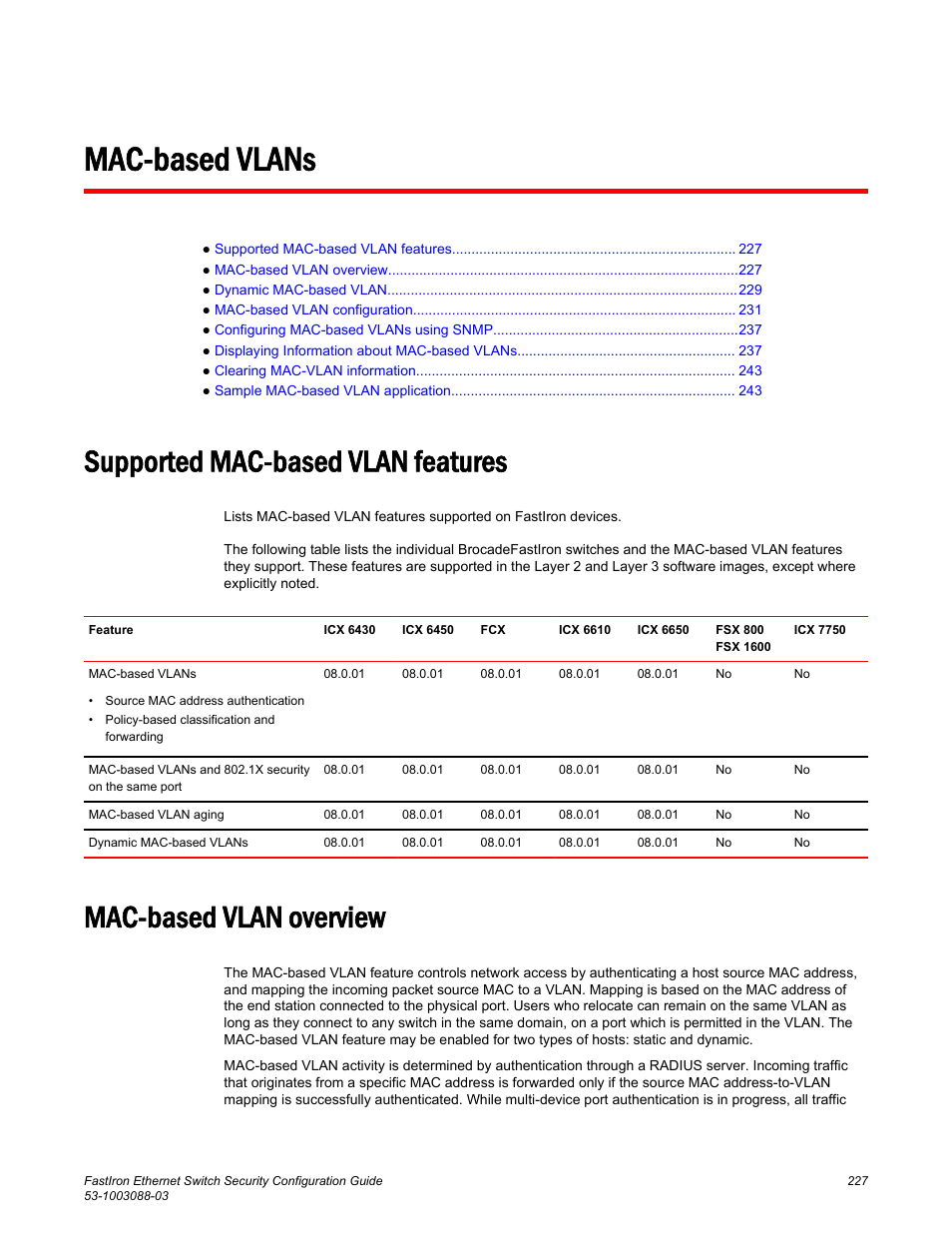 Mac-based vlans, Supported mac-based vlan features, Mac-based vlan overview | Brocade FastIron Ethernet Switch Security Configuration Guide User Manual | Page 227 / 396
