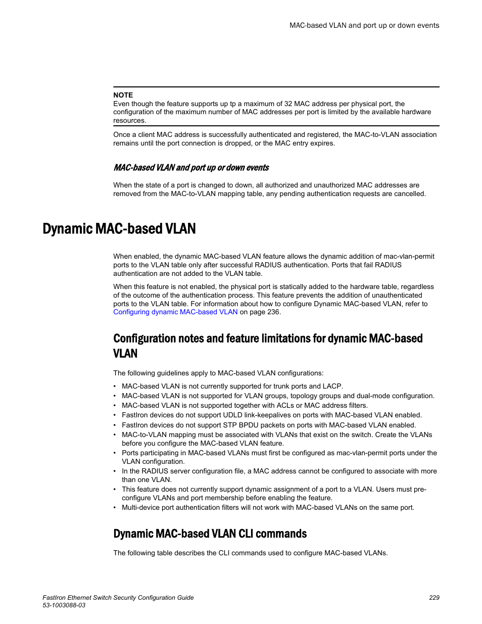 Mac-based vlan and port up or down events, Dynamic mac-based vlan, Dynamic mac-based vlan cli commands | Based vlan | Brocade FastIron Ethernet Switch Security Configuration Guide User Manual | Page 229 / 396