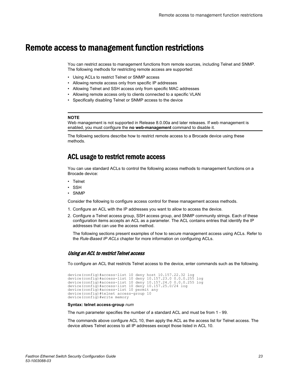 Remote access to management function restrictions, Acl usage to restrict remote access, Using an acl to restrict telnet access | Brocade FastIron Ethernet Switch Security Configuration Guide User Manual | Page 23 / 396