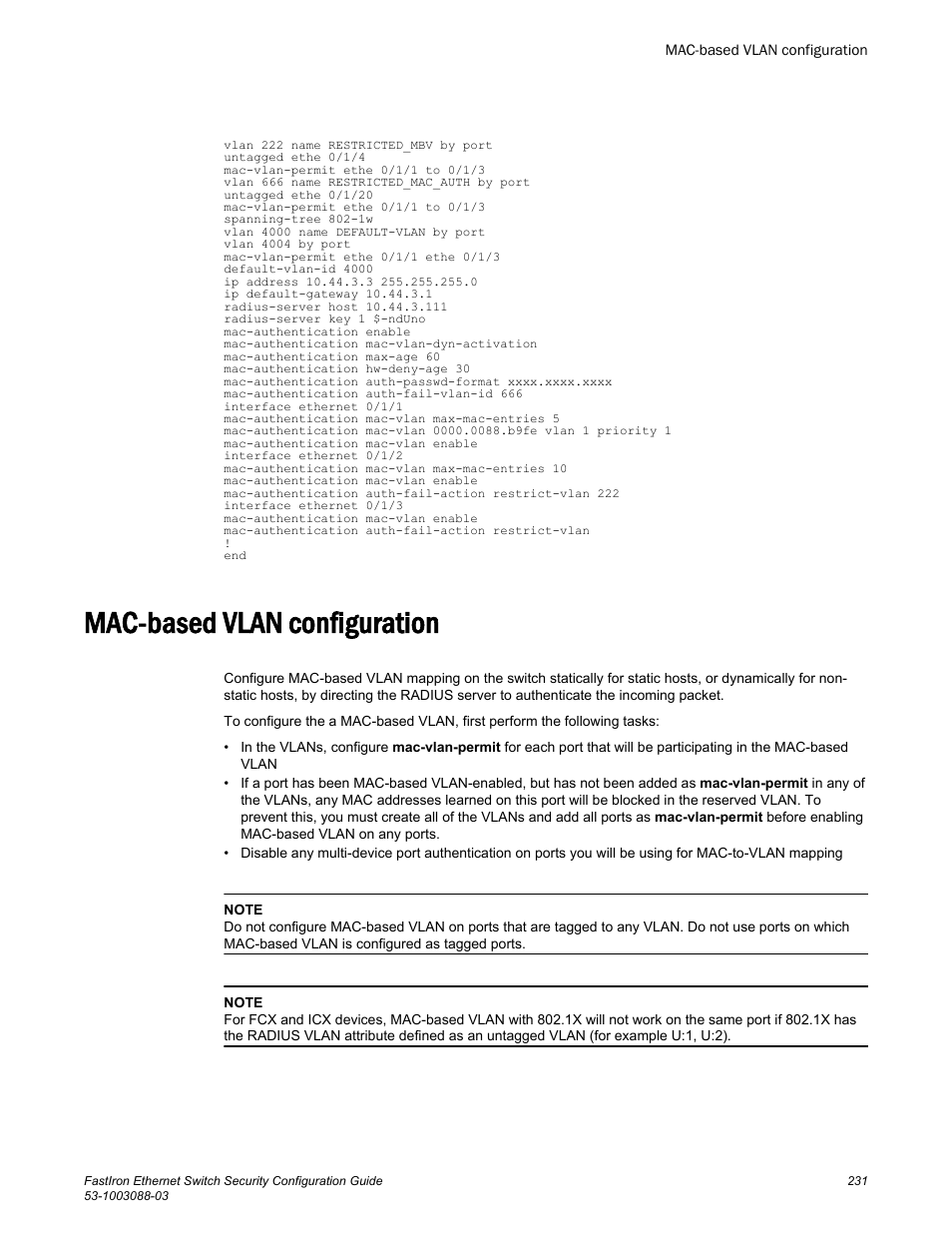 Mac-based vlan configuration | Brocade FastIron Ethernet Switch Security Configuration Guide User Manual | Page 231 / 396