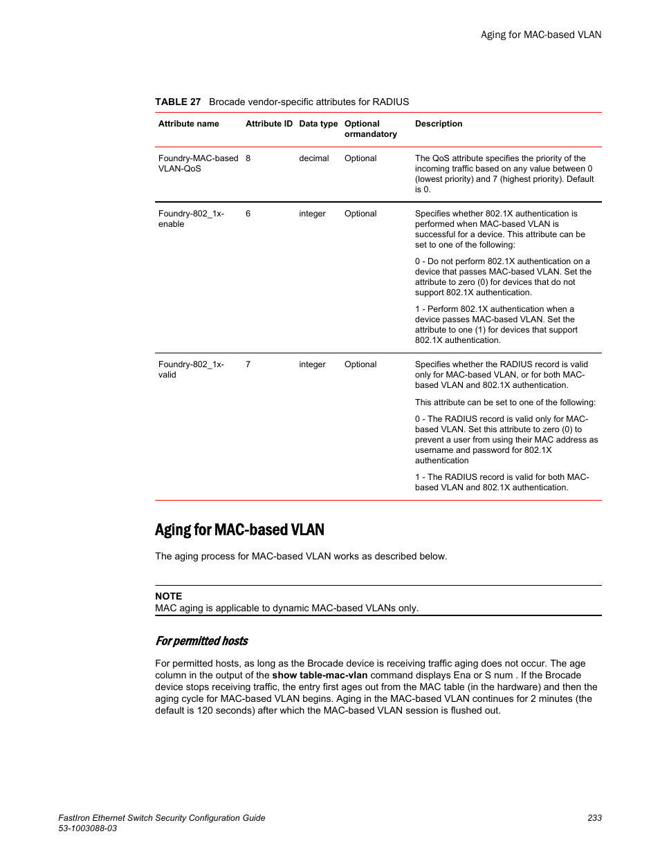 Aging for mac-based vlan, For permitted hosts | Brocade FastIron Ethernet Switch Security Configuration Guide User Manual | Page 233 / 396