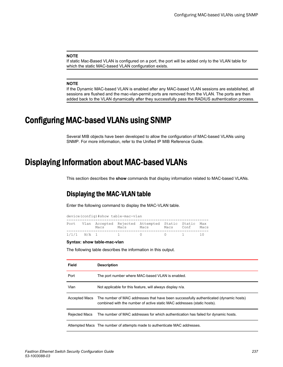 Configuring mac-based vlans using snmp, Displaying information about mac-based vlans, Displaying the mac-vlan table | Brocade FastIron Ethernet Switch Security Configuration Guide User Manual | Page 237 / 396