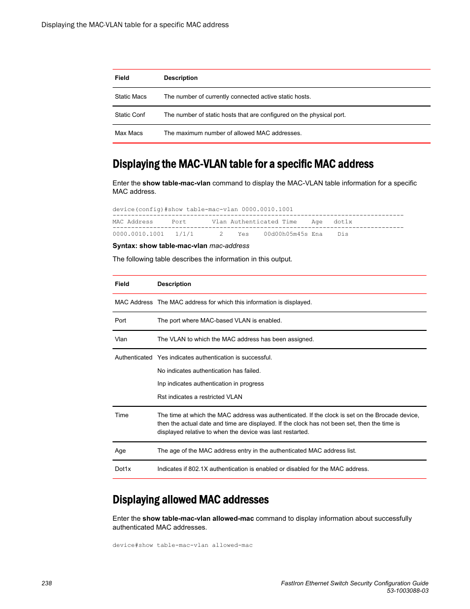 Displaying allowed mac addresses | Brocade FastIron Ethernet Switch Security Configuration Guide User Manual | Page 238 / 396