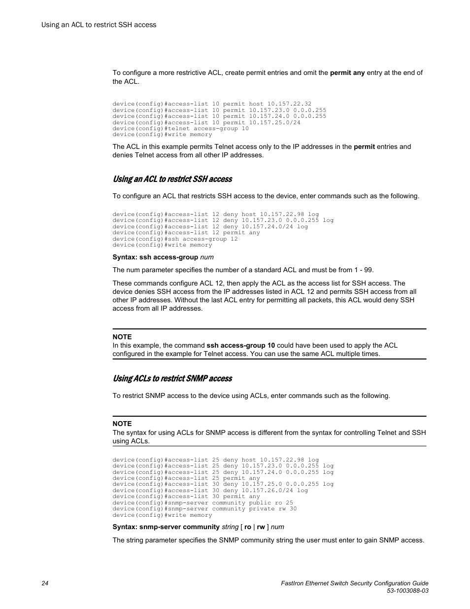 Using an acl to restrict ssh access, Using acls to restrict snmp access | Brocade FastIron Ethernet Switch Security Configuration Guide User Manual | Page 24 / 396