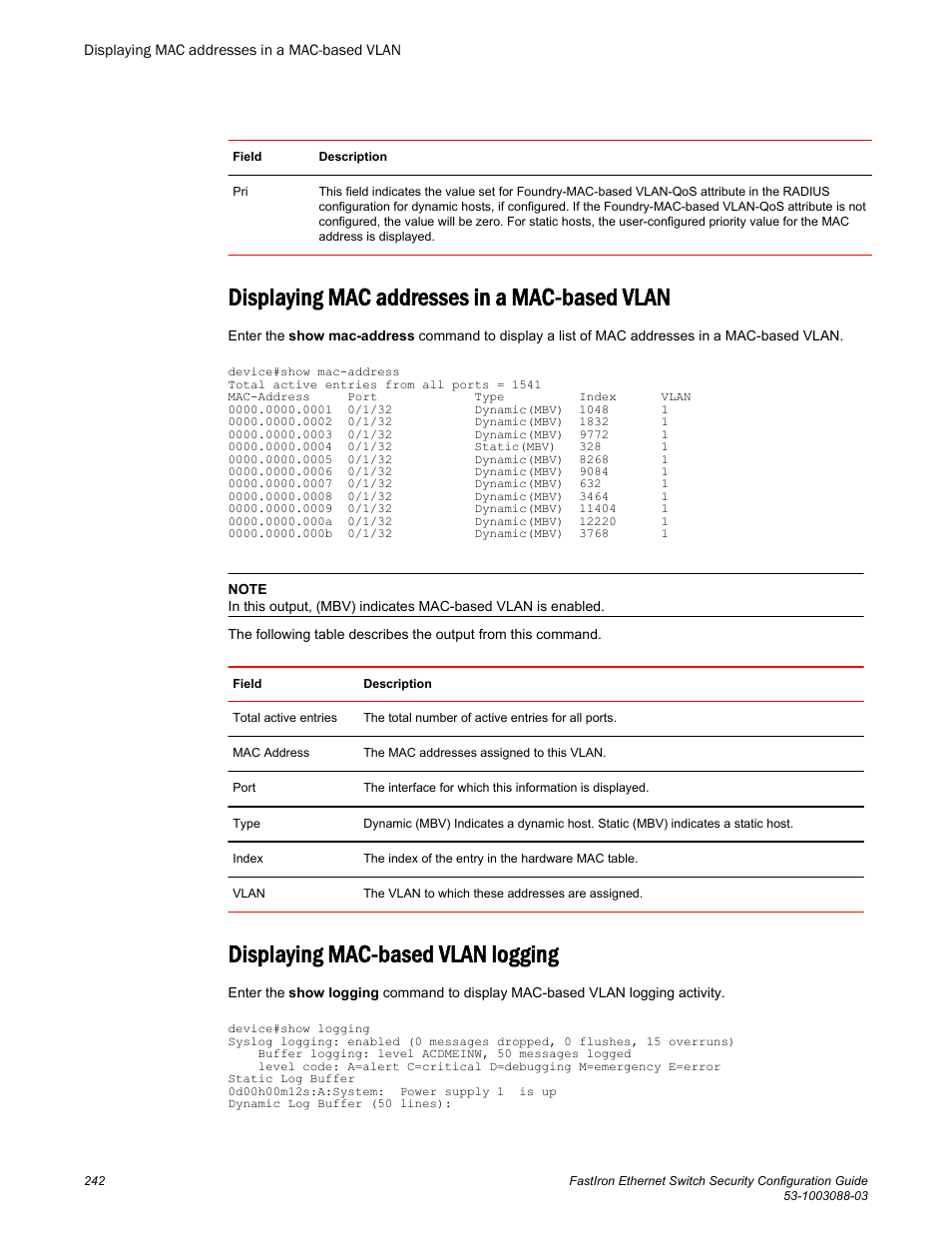 Displaying mac addresses in a mac-based vlan, Displaying mac-based vlan logging | Brocade FastIron Ethernet Switch Security Configuration Guide User Manual | Page 242 / 396