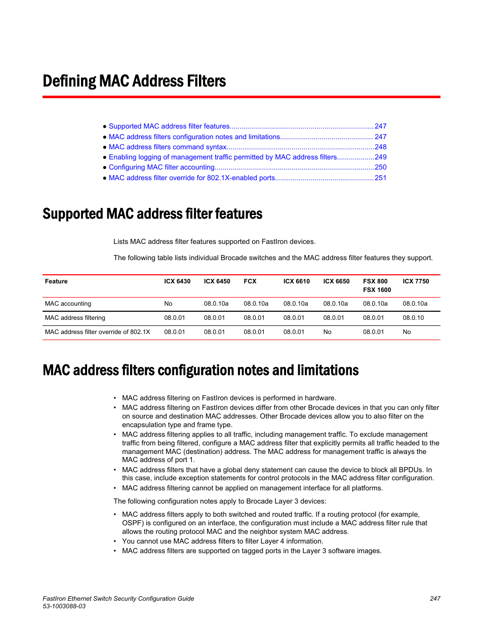 Defining mac address filters, Supported mac address filter features | Brocade FastIron Ethernet Switch Security Configuration Guide User Manual | Page 247 / 396