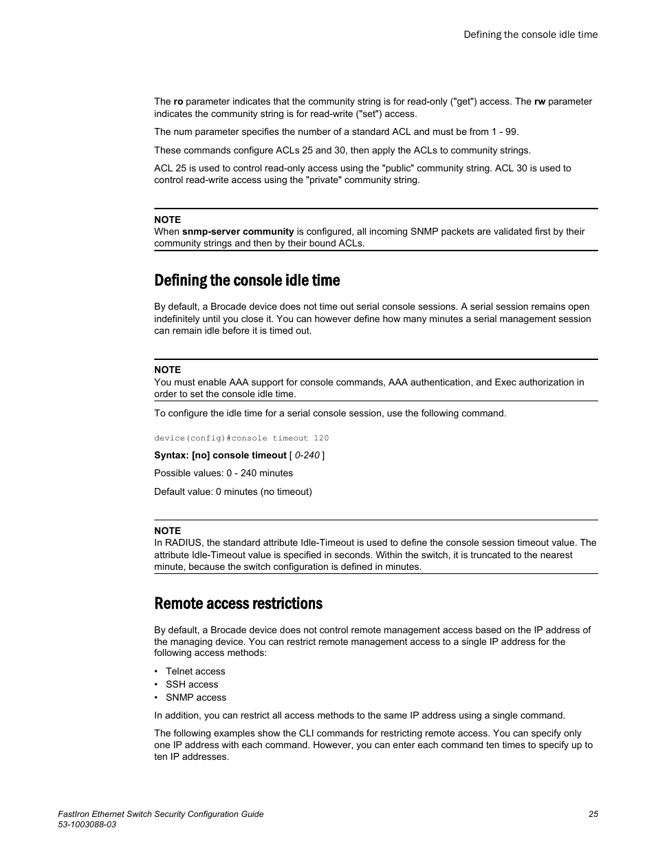 Defining the console idle time, Remote access restrictions | Brocade FastIron Ethernet Switch Security Configuration Guide User Manual | Page 25 / 396