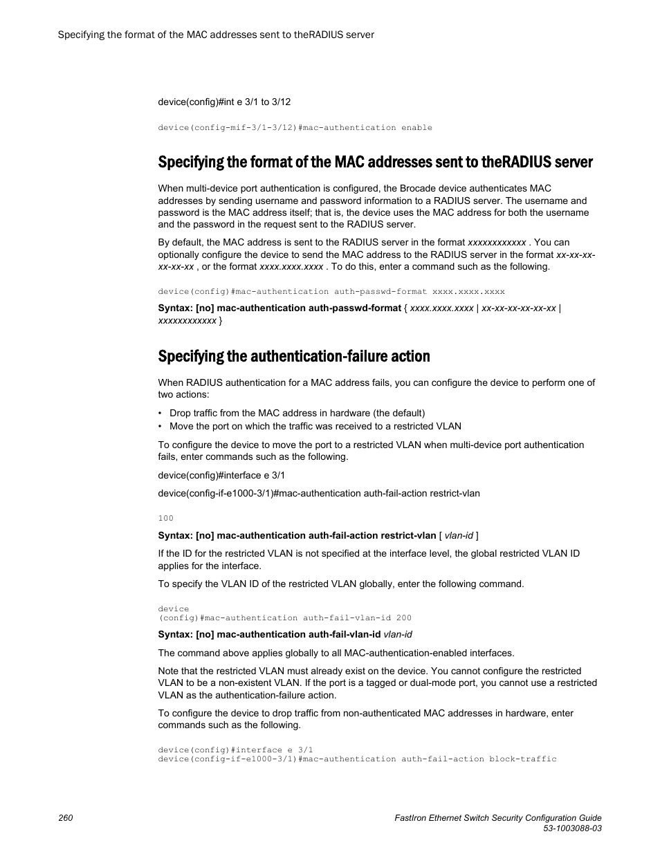 Specifying the authentication-failure action, Server | Brocade FastIron Ethernet Switch Security Configuration Guide User Manual | Page 260 / 396