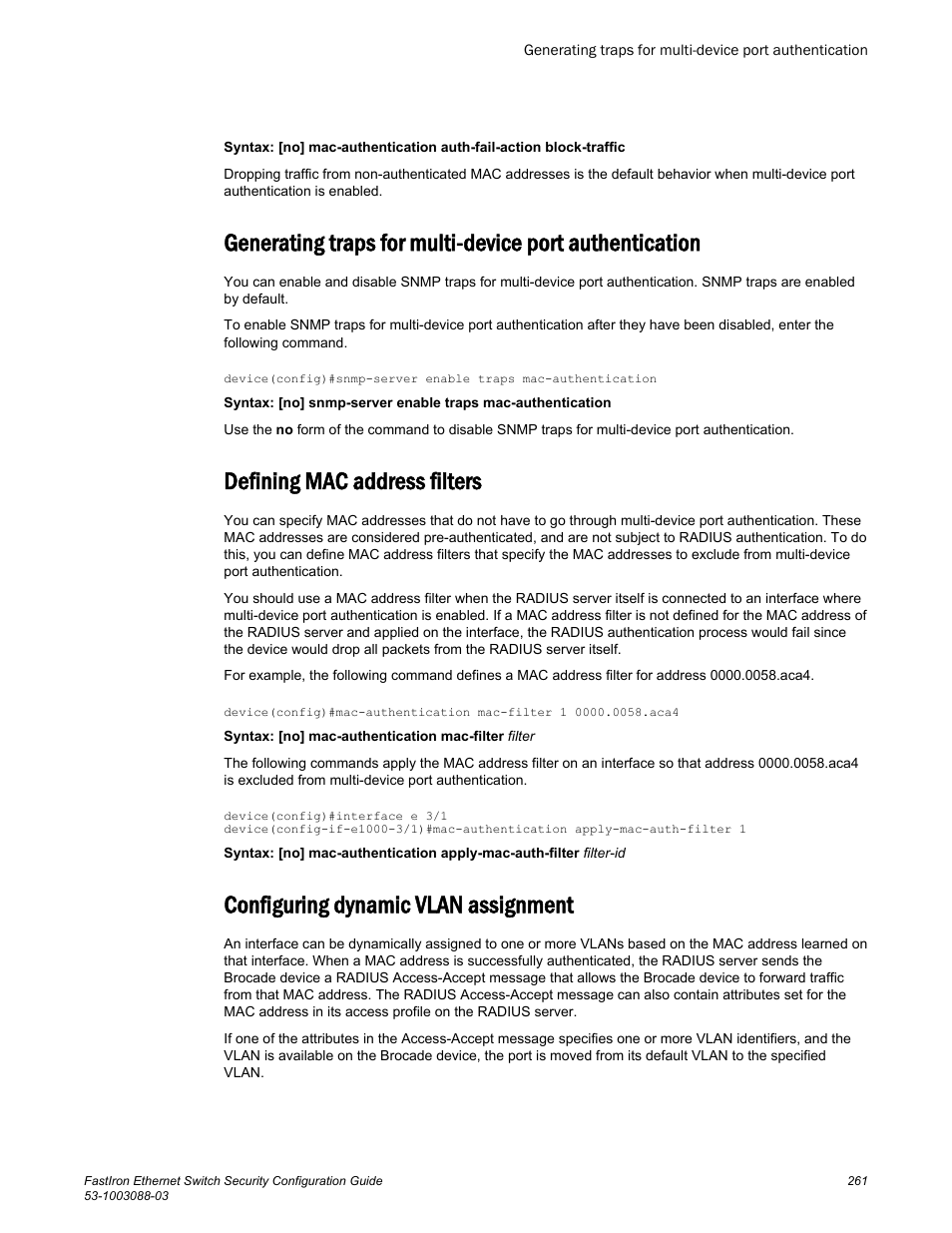 Defining mac address filters, Configuring dynamic vlan assignment | Brocade FastIron Ethernet Switch Security Configuration Guide User Manual | Page 261 / 396