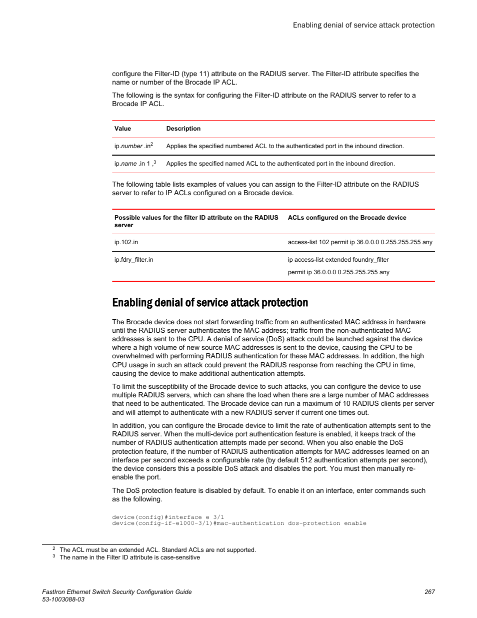 Enabling denial of service attack protection | Brocade FastIron Ethernet Switch Security Configuration Guide User Manual | Page 267 / 396