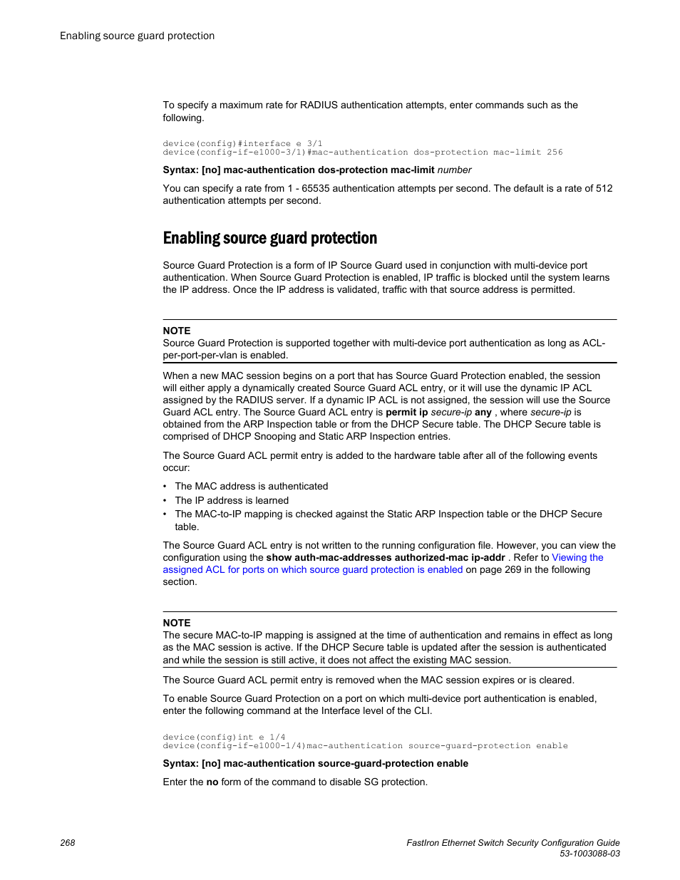 Enabling source guard protection | Brocade FastIron Ethernet Switch Security Configuration Guide User Manual | Page 268 / 396