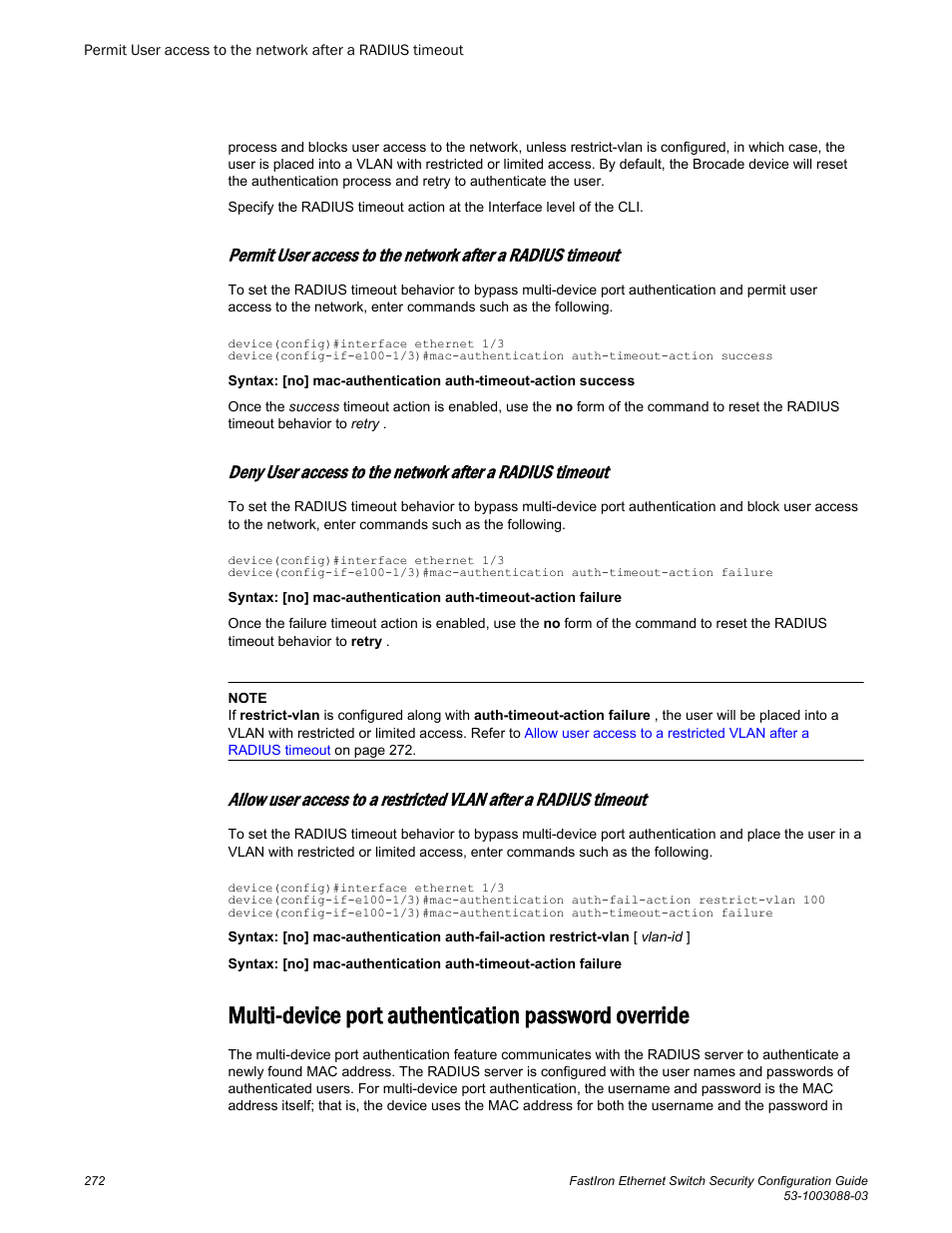 Multi-device port authentication password override | Brocade FastIron Ethernet Switch Security Configuration Guide User Manual | Page 272 / 396