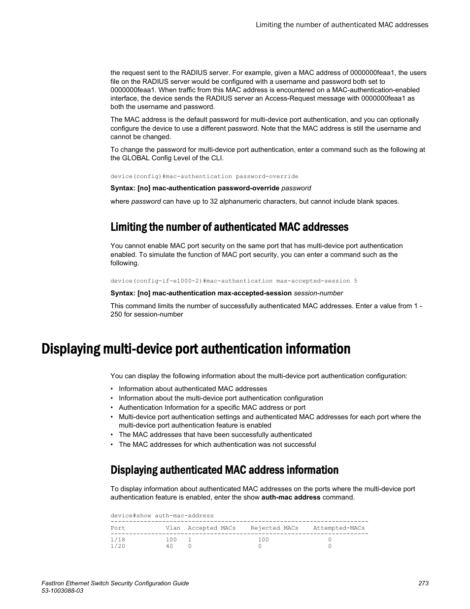 Limiting the number of authenticated mac addresses, Displaying authenticated mac address information | Brocade FastIron Ethernet Switch Security Configuration Guide User Manual | Page 273 / 396