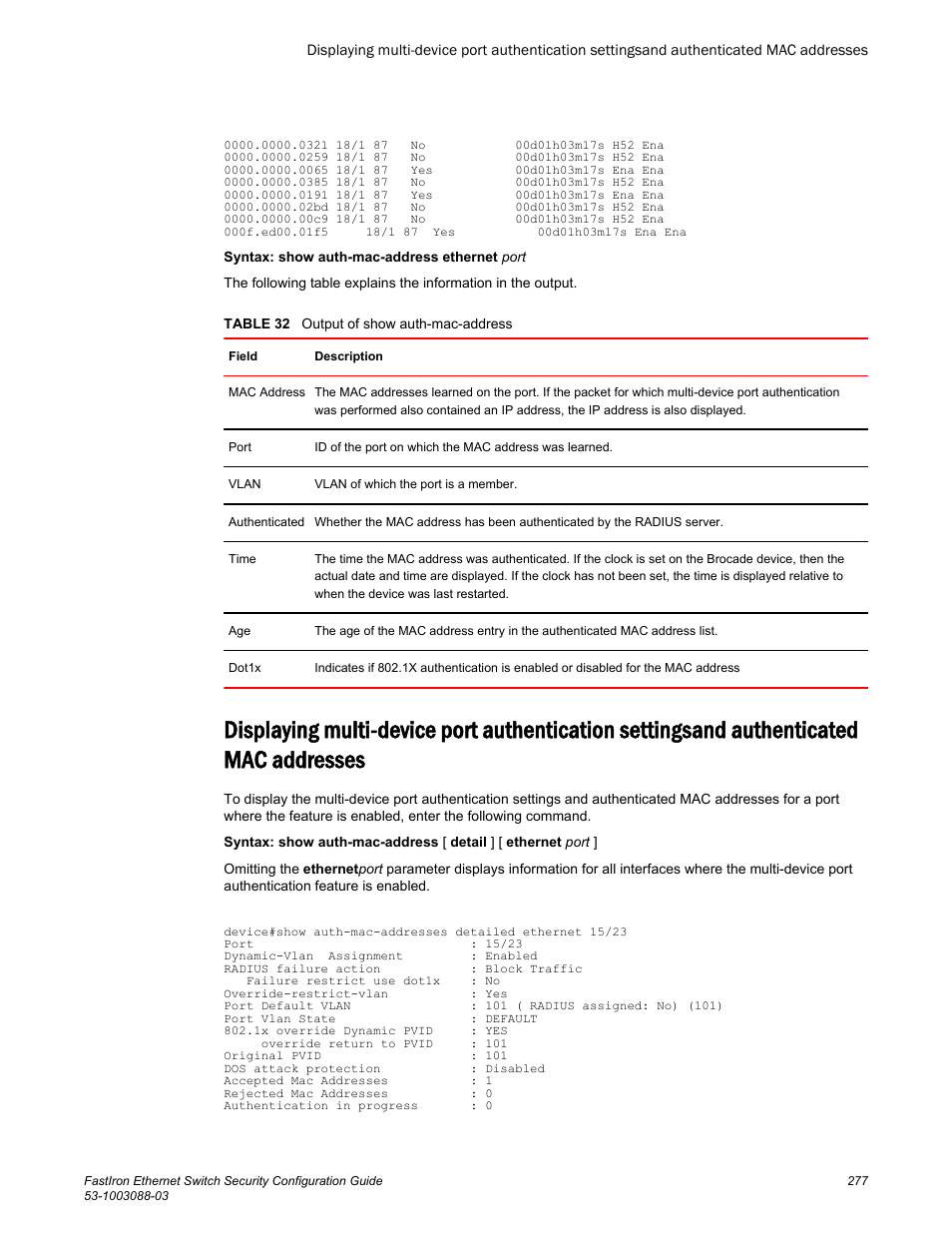 Authenticated mac addresses | Brocade FastIron Ethernet Switch Security Configuration Guide User Manual | Page 277 / 396