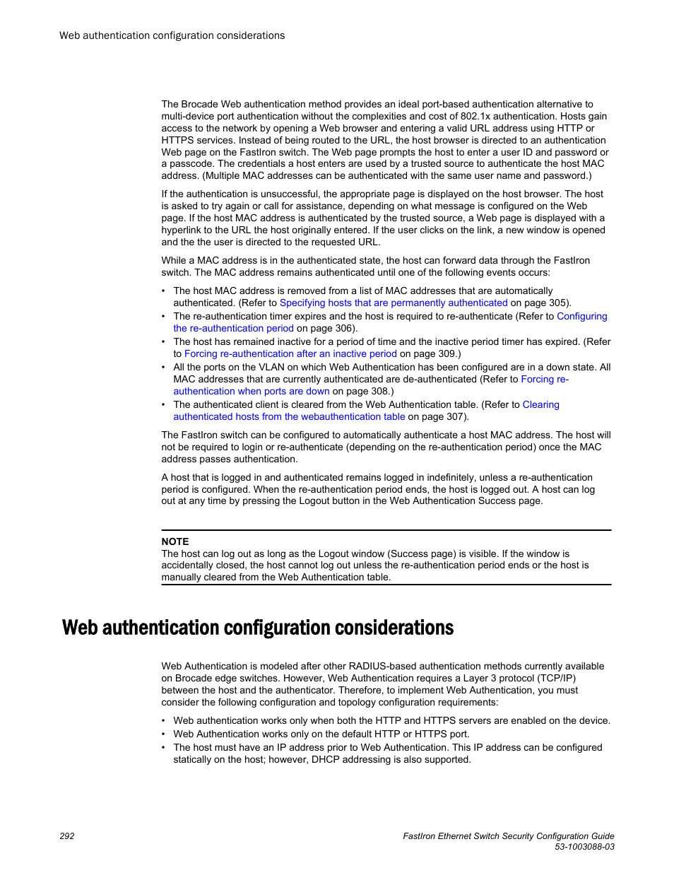Web authentication configuration considerations | Brocade FastIron Ethernet Switch Security Configuration Guide User Manual | Page 292 / 396
