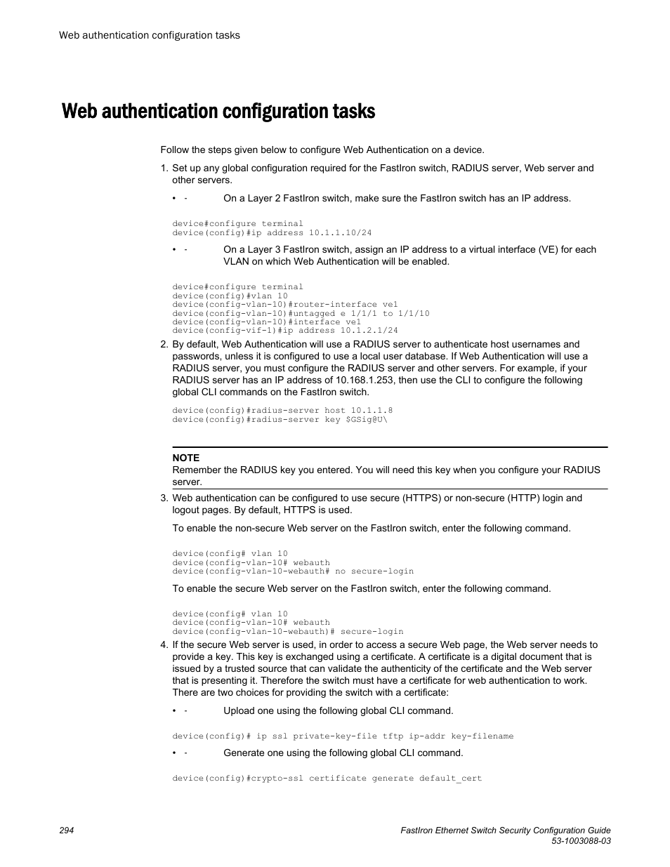 Web authentication configuration tasks | Brocade FastIron Ethernet Switch Security Configuration Guide User Manual | Page 294 / 396
