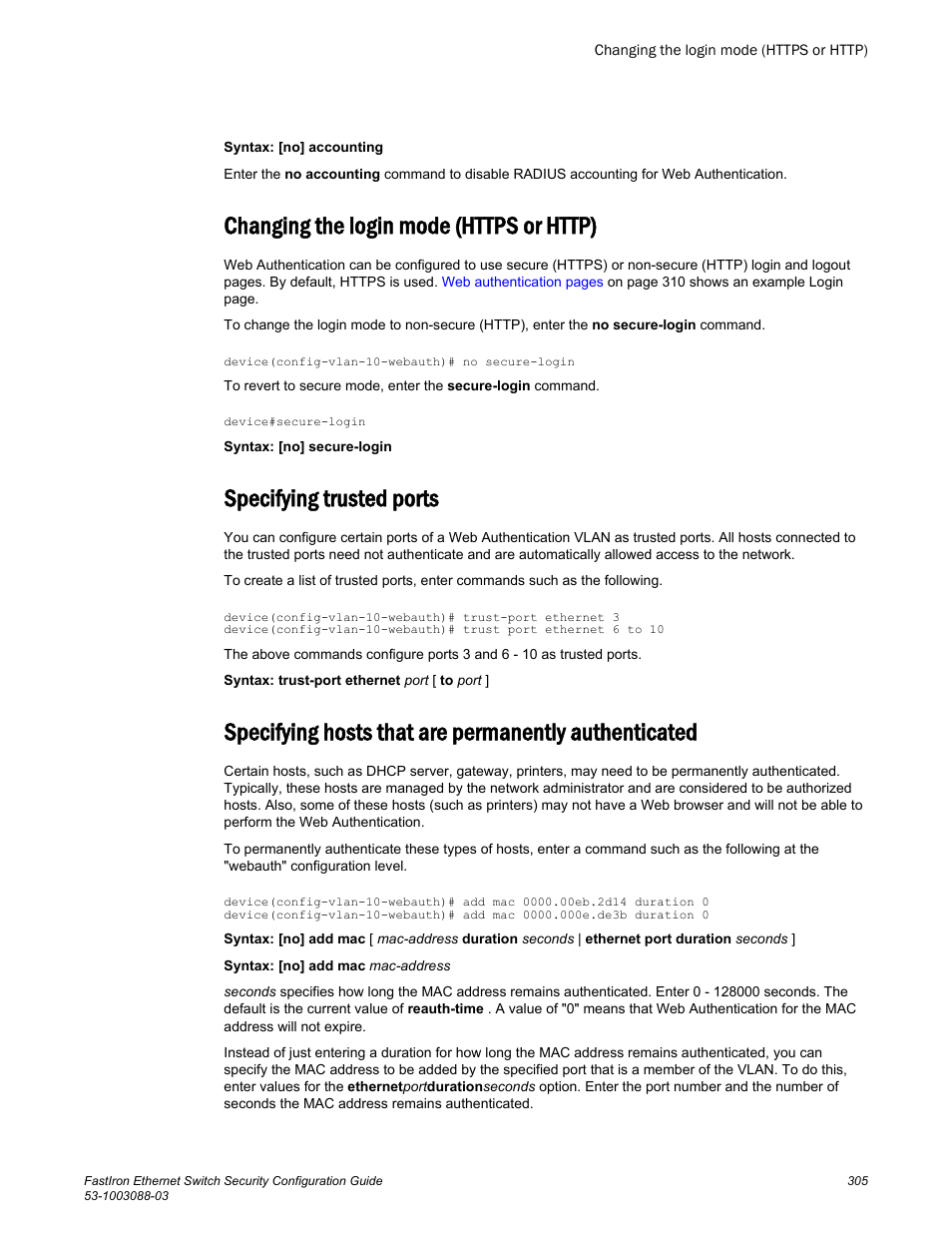 Changing the login mode (https or http), Specifying trusted ports, Authenticated. (refer to | Brocade FastIron Ethernet Switch Security Configuration Guide User Manual | Page 305 / 396