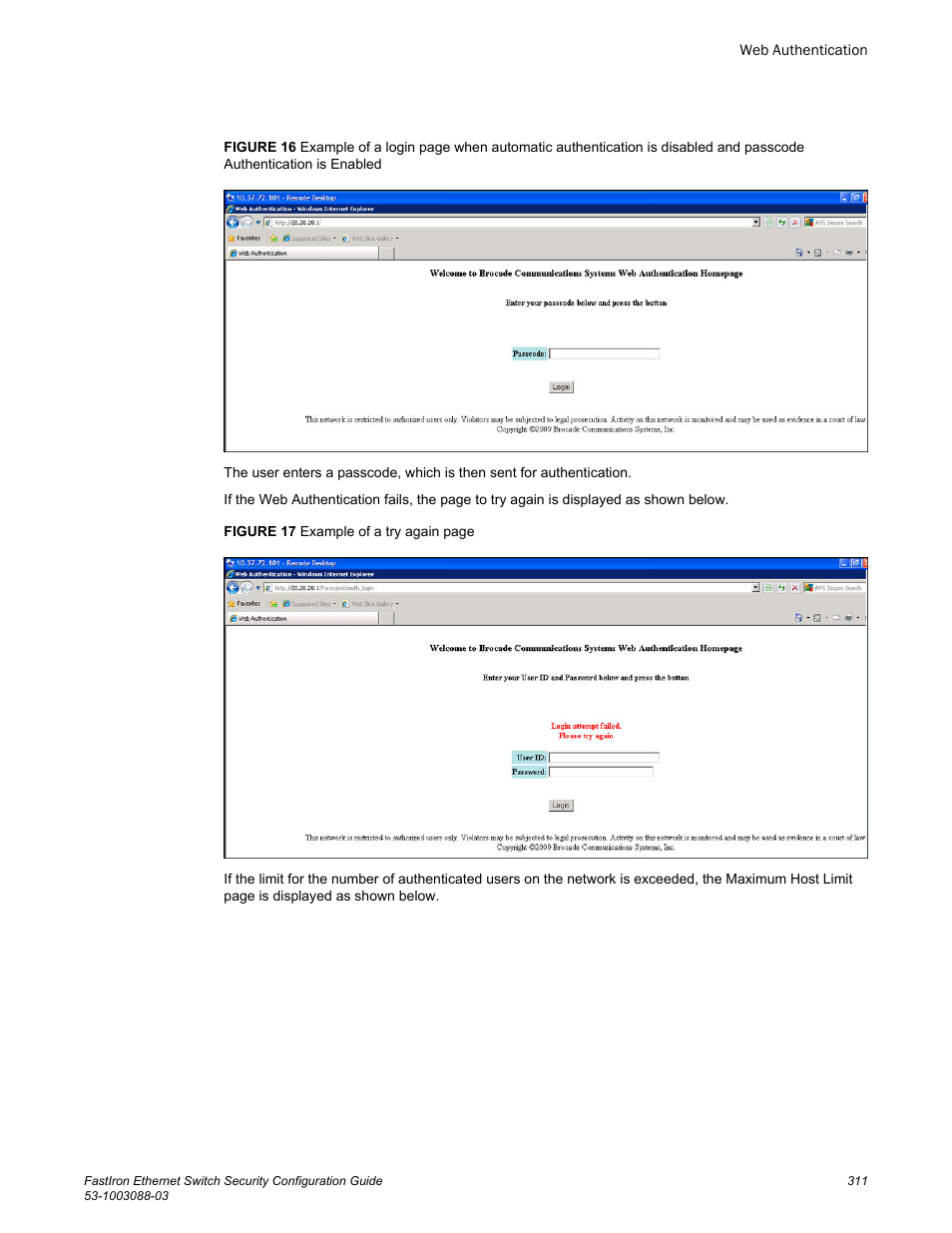 Brocade FastIron Ethernet Switch Security Configuration Guide User Manual | Page 311 / 396