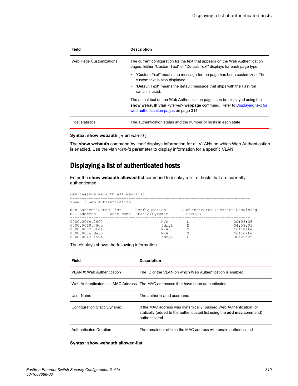 Displaying a list of authenticated hosts | Brocade FastIron Ethernet Switch Security Configuration Guide User Manual | Page 319 / 396