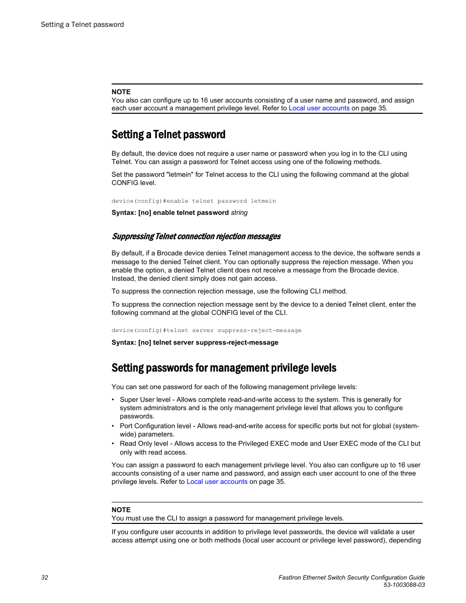 Setting a telnet password, Suppressing telnet connection rejection messages, Setting passwords for management privilege levels | Brocade FastIron Ethernet Switch Security Configuration Guide User Manual | Page 32 / 396