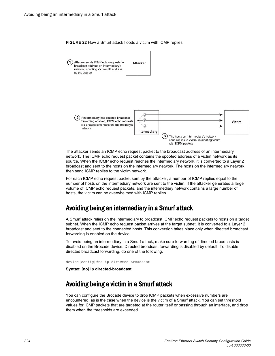 Avoiding being an intermediary in a smurf attack, Avoiding being a victim in a smurf attack | Brocade FastIron Ethernet Switch Security Configuration Guide User Manual | Page 324 / 396