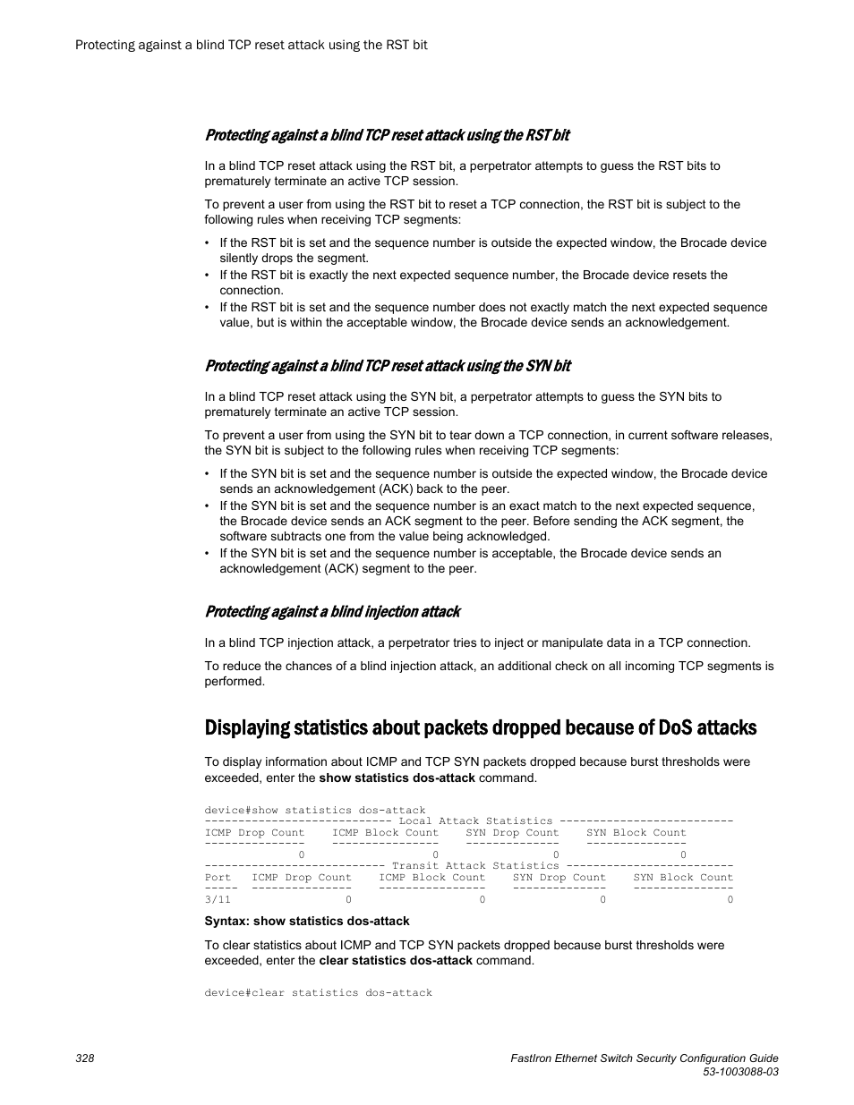 Protecting against a blind injection attack, Attacks | Brocade FastIron Ethernet Switch Security Configuration Guide User Manual | Page 328 / 396