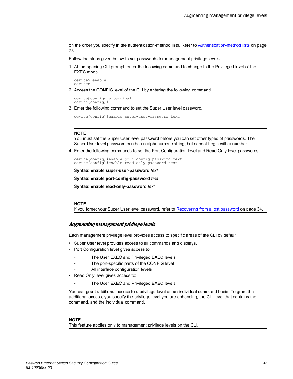 Augmenting management privilege levels | Brocade FastIron Ethernet Switch Security Configuration Guide User Manual | Page 33 / 396