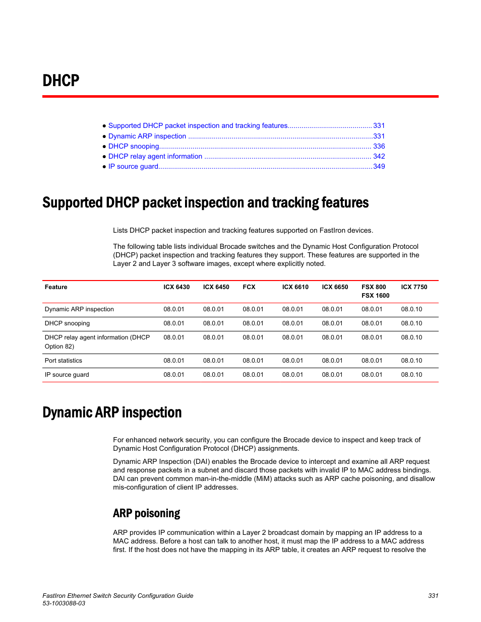 Dhcp, Dynamic arp inspection, Arp poisoning | Brocade FastIron Ethernet Switch Security Configuration Guide User Manual | Page 331 / 396