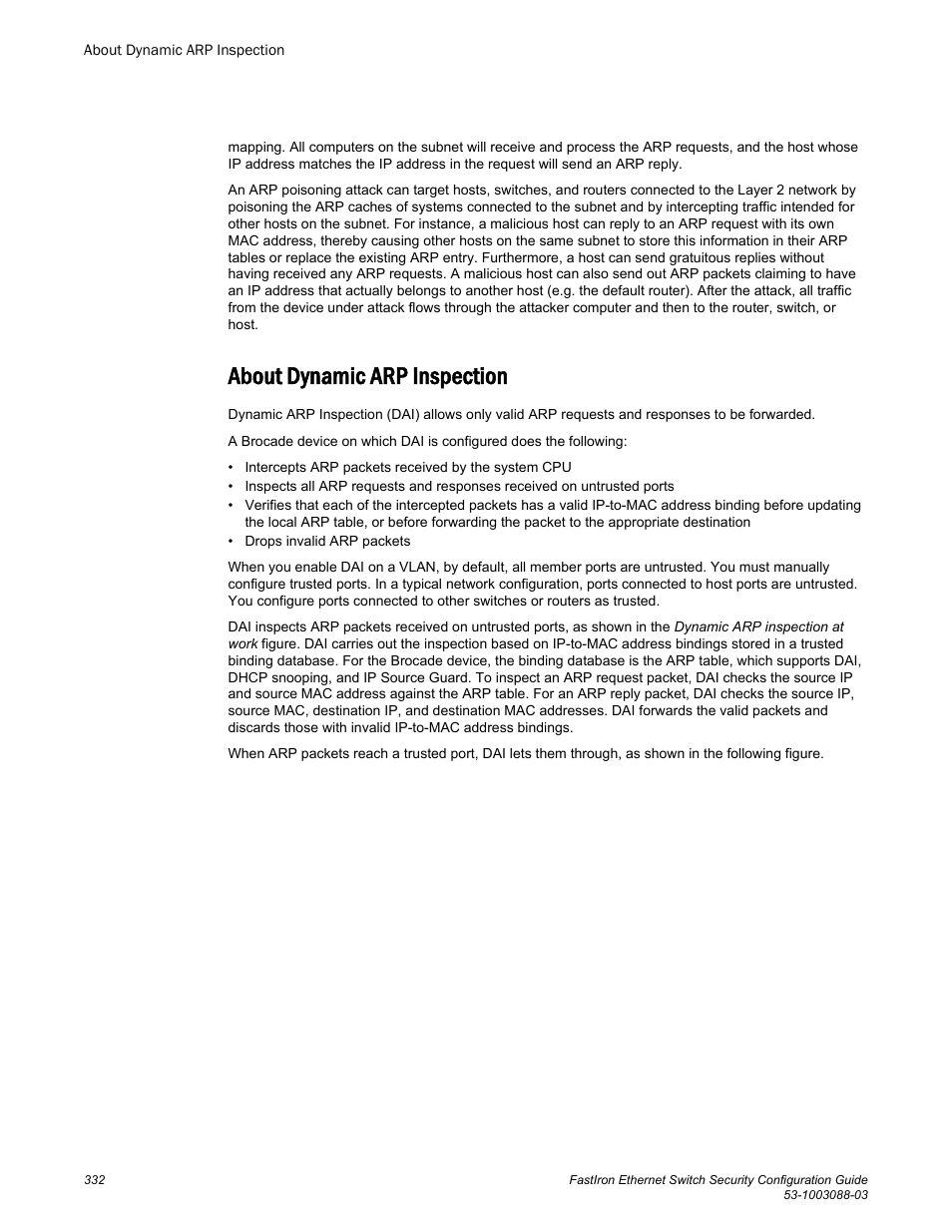 About dynamic arp inspection | Brocade FastIron Ethernet Switch Security Configuration Guide User Manual | Page 332 / 396