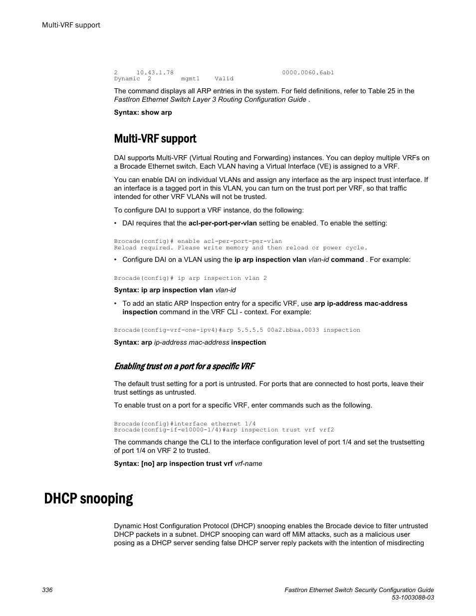 Multi-vrf support, Enabling trust on a port for a specific vrf, Dhcp snooping | Brocade FastIron Ethernet Switch Security Configuration Guide User Manual | Page 336 / 396