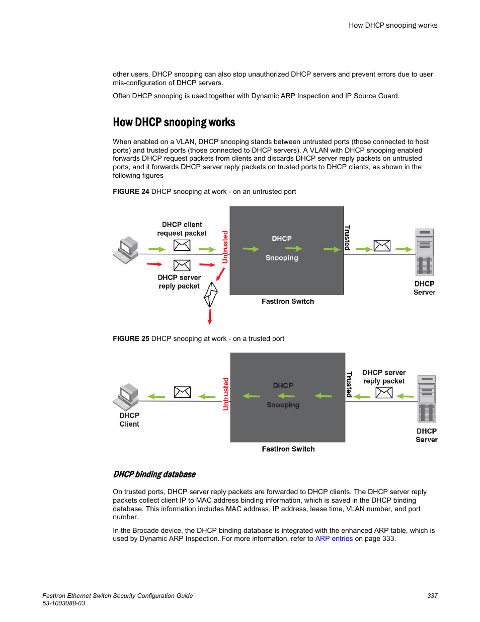 How dhcp snooping works, Dhcp binding database | Brocade FastIron Ethernet Switch Security Configuration Guide User Manual | Page 337 / 396