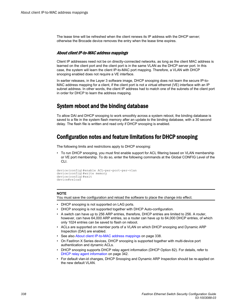 About client ip-to-mac address mappings, System reboot and the binding database | Brocade FastIron Ethernet Switch Security Configuration Guide User Manual | Page 338 / 396