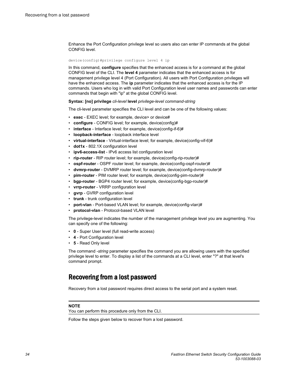 Recovering from a lost password | Brocade FastIron Ethernet Switch Security Configuration Guide User Manual | Page 34 / 396