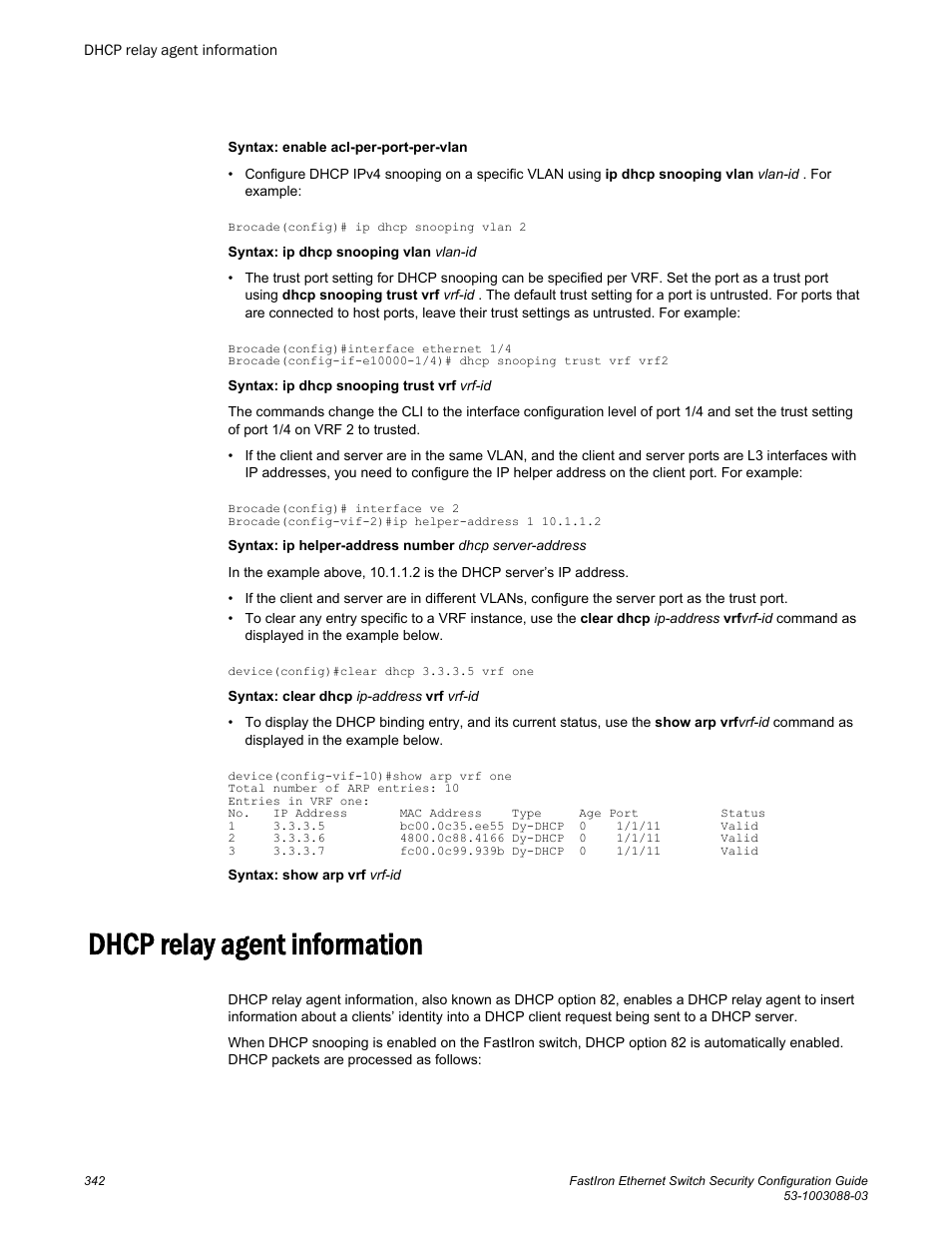 Dhcp relay agent information | Brocade FastIron Ethernet Switch Security Configuration Guide User Manual | Page 342 / 396