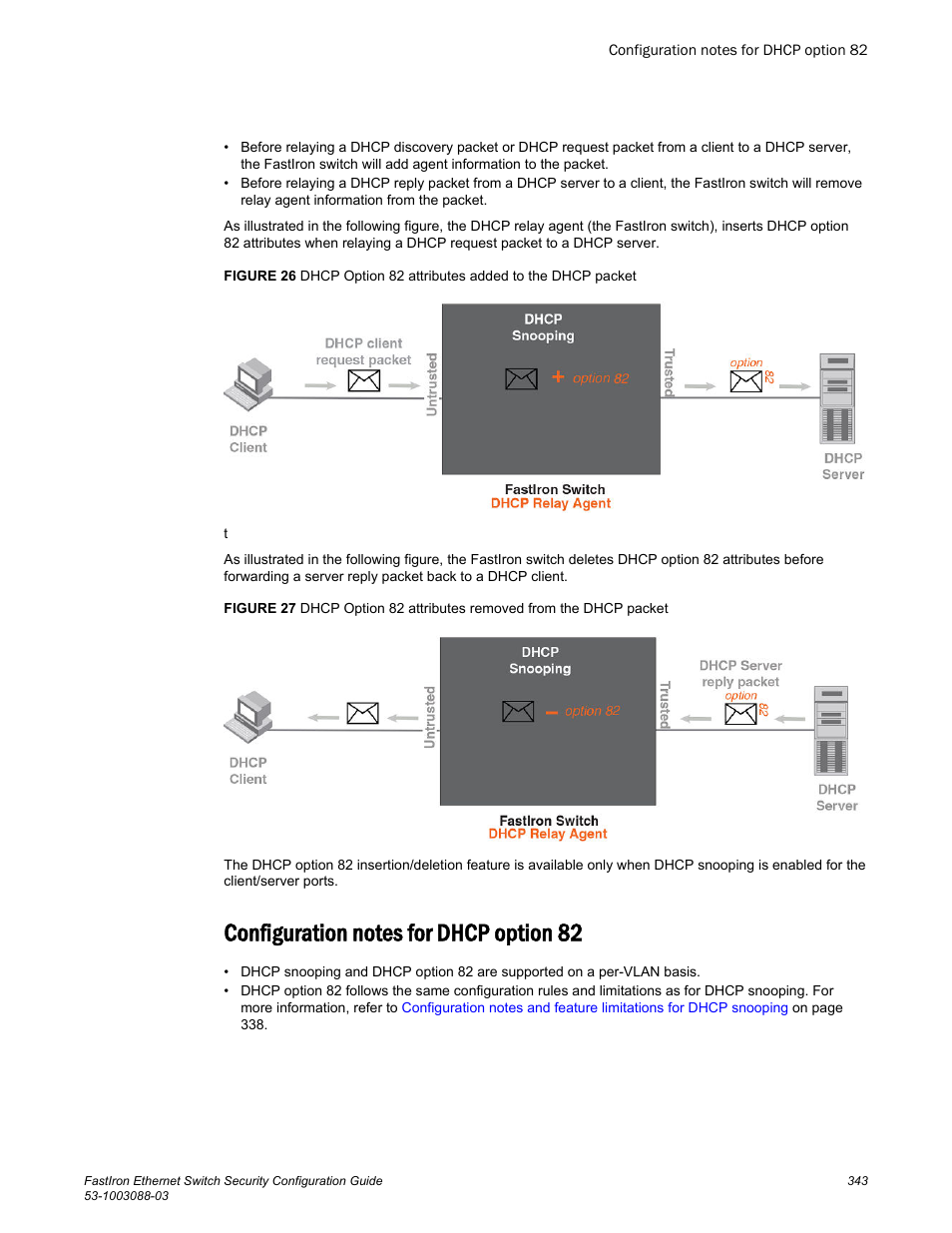 Configuration notes for dhcp option 82 | Brocade FastIron Ethernet Switch Security Configuration Guide User Manual | Page 343 / 396
