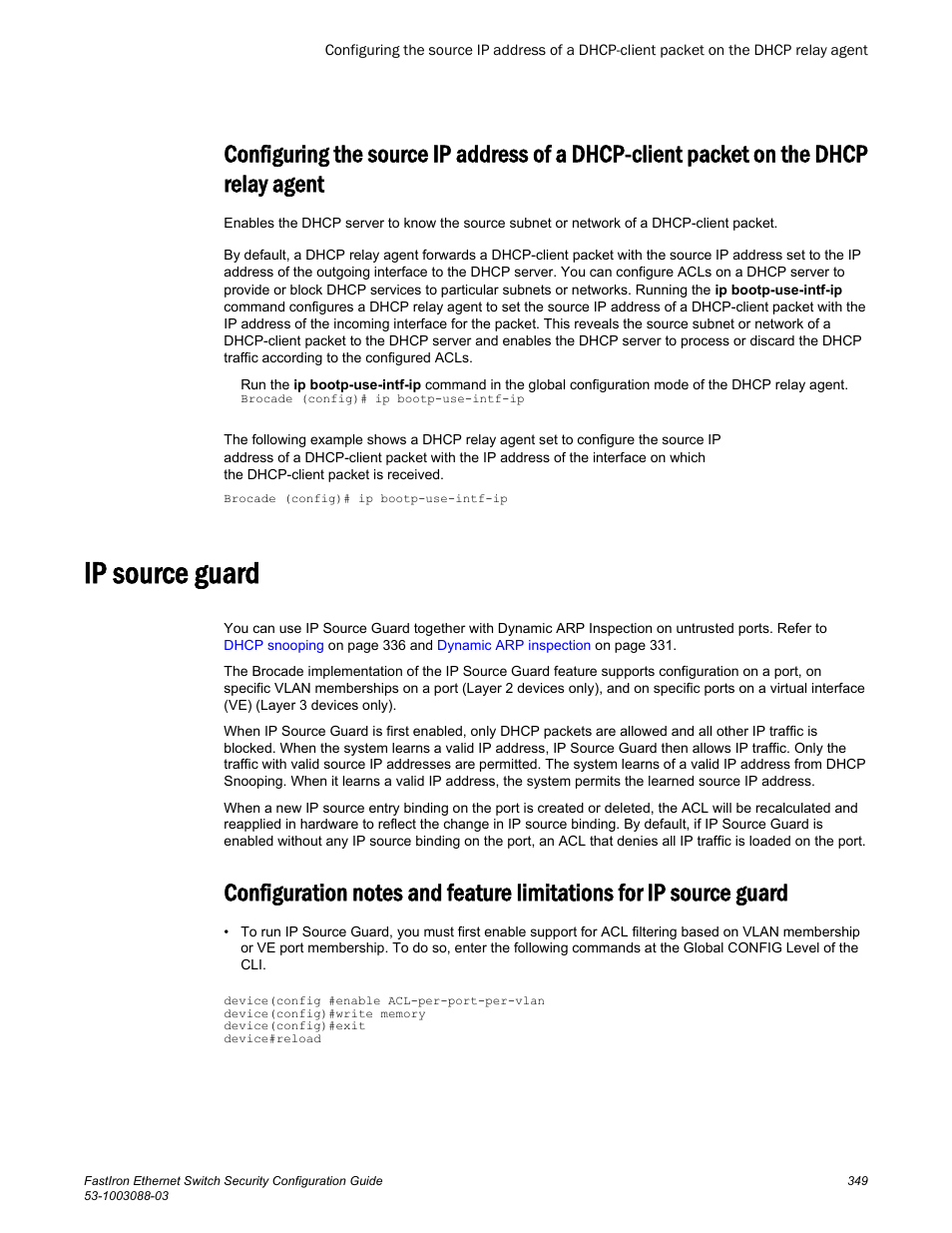 Ip source guard, The dhcp relay agent | Brocade FastIron Ethernet Switch Security Configuration Guide User Manual | Page 349 / 396