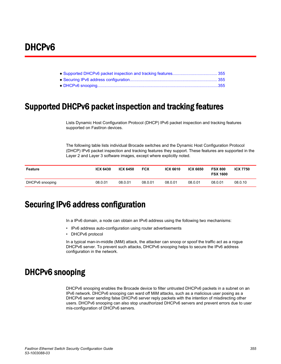 Dhcpv6, Securing ipv6 address configuration, Dhcpv6 snooping | Brocade FastIron Ethernet Switch Security Configuration Guide User Manual | Page 355 / 396