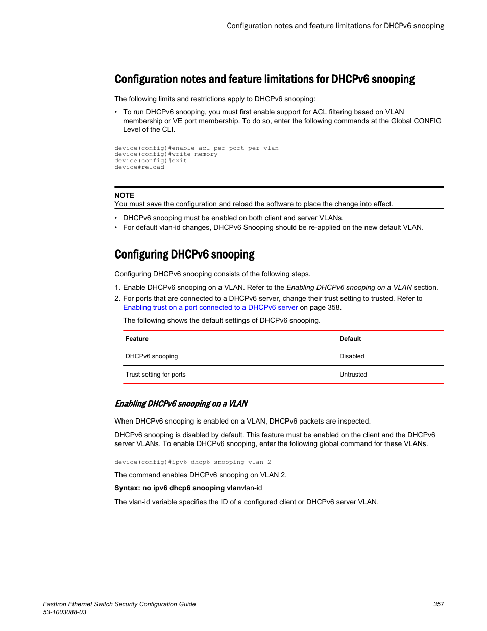 Configuring dhcpv6 snooping, Enabling dhcpv6 snooping on a vlan | Brocade FastIron Ethernet Switch Security Configuration Guide User Manual | Page 357 / 396